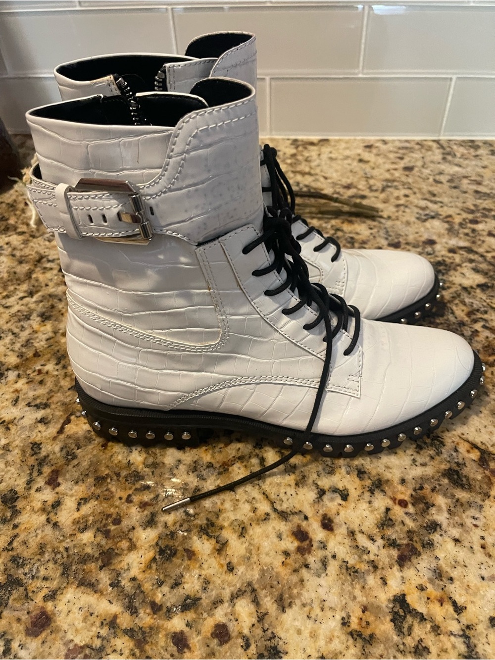 Dolce Vita White Croc-Embossed Lace-Up Studded Ankle Boots - Picture 4 of 7